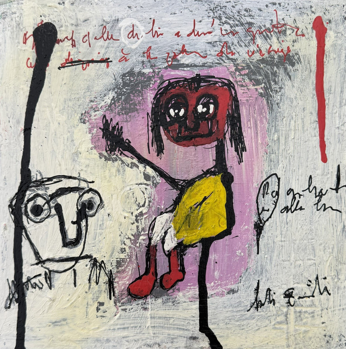 Dessin acrylique technique mixte sur carton rouge et blanc de Larbi Zaidi, petit format 19 x 19 cm