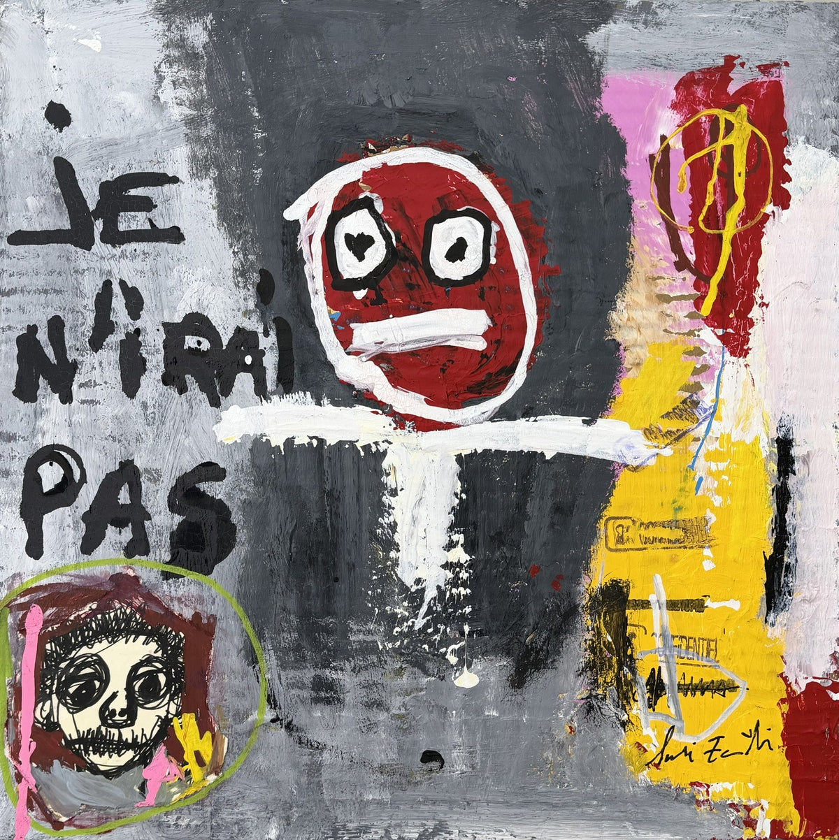 Dessin acrylique et technique mixte sur carton de Larbi Zaidi, Confidentiel, 36 x 36 cm, tons gris et jaune