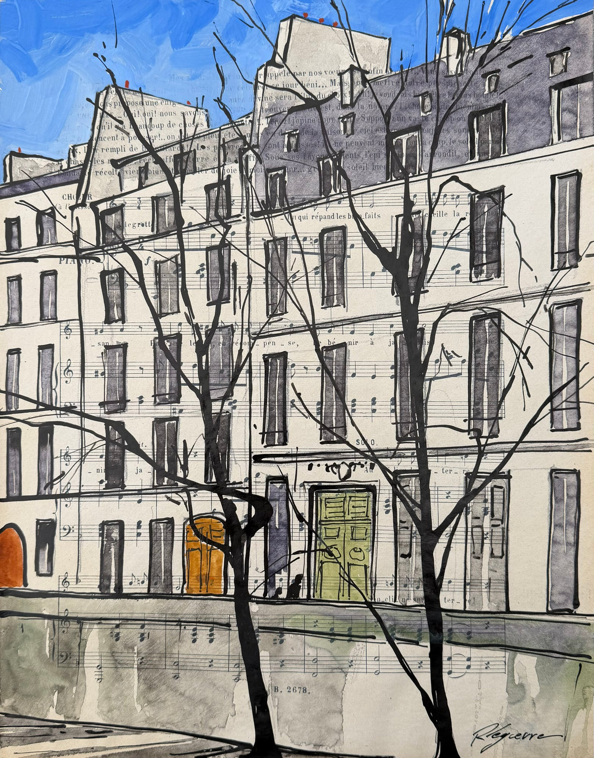Dessin à l'encre de Chine et aquarelle sur papier représentant Les Quais, art urbain figuratif, petit format 27 x 35 cm, par Cyril Reguerre