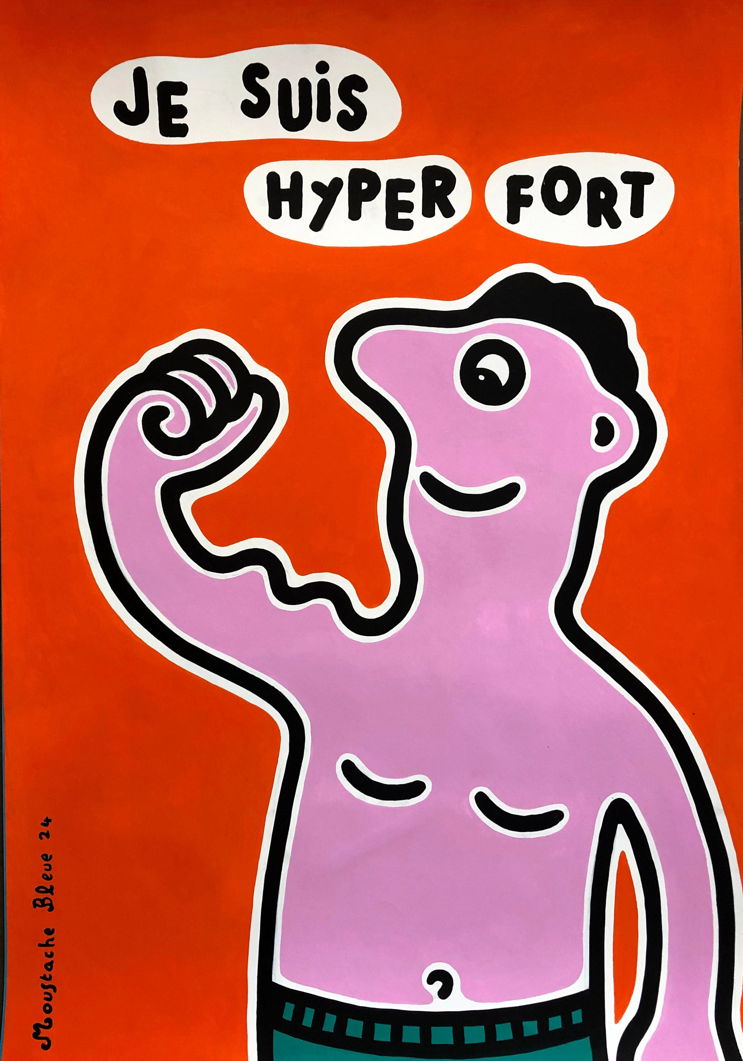 Dessin figuratif format xxl orange Je suis hyper fort – MOUSTACHE BLEUE – 70 × 100 cm