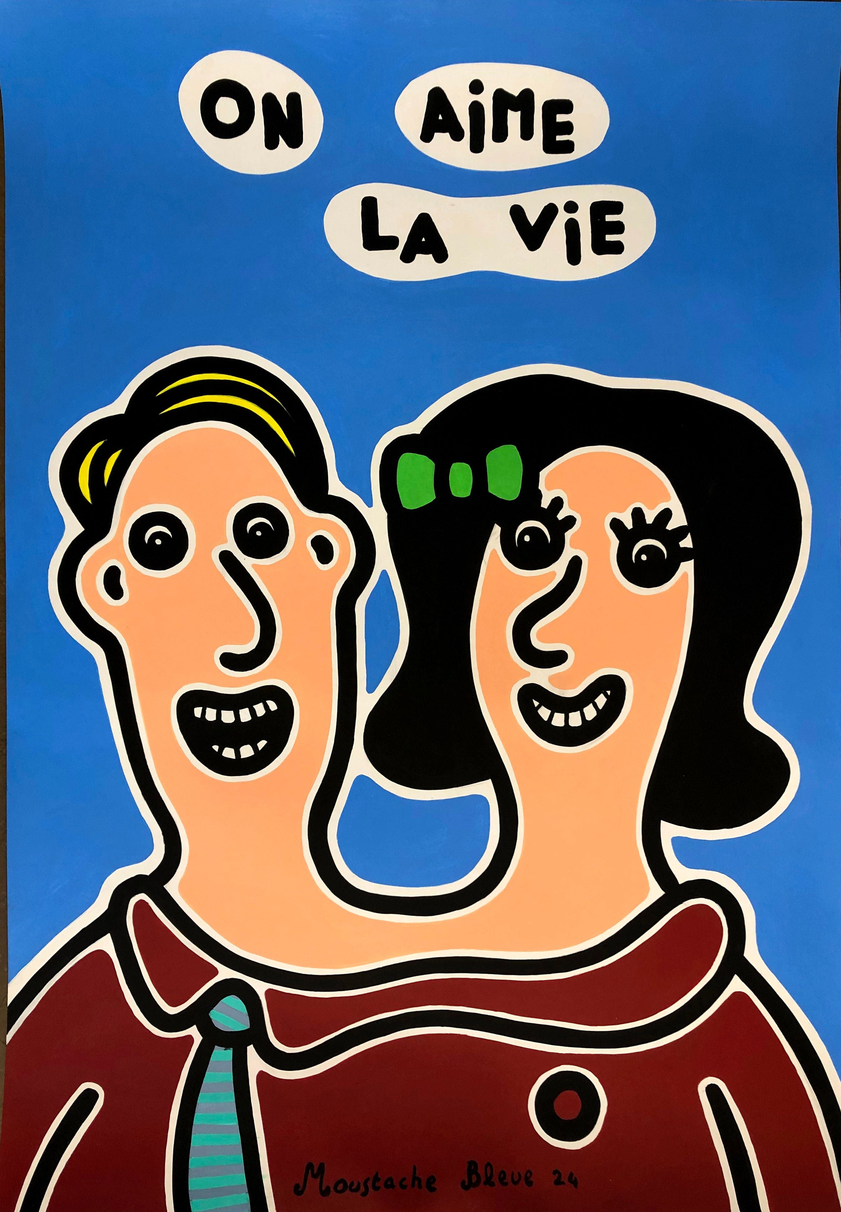 Dessin figuratif grand format bleu On aime la vie – MOUSTACHE BLEUE – 70 × 100 cm