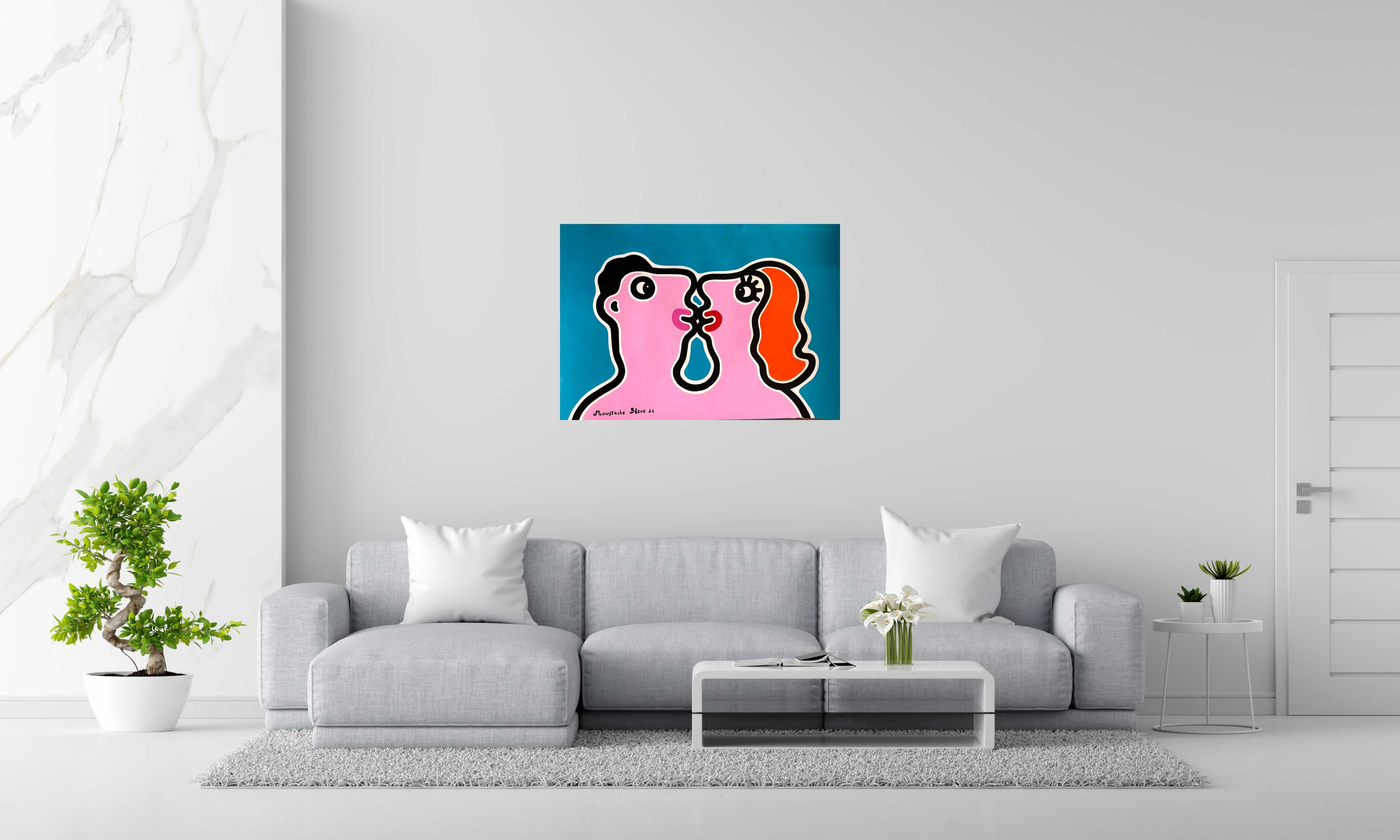 Dessin Amoureux de MOUSTACHE BLEUE dans un intérieur – 100 × 70 cm