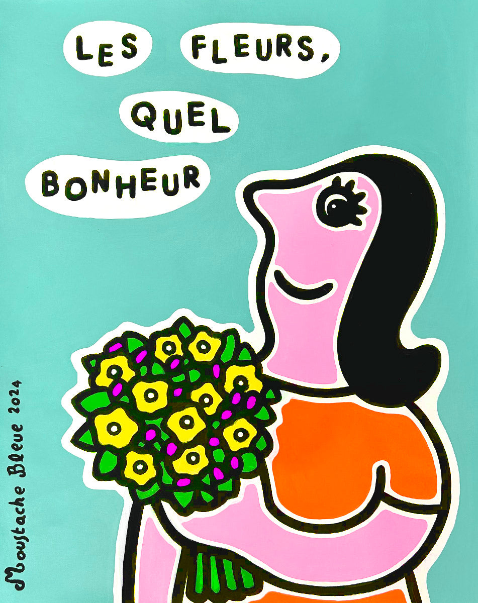 Dessin figuratif moyen format bleu Les fleurs, quel bonheur – MOUSTACHE BLEUE – 50 × 65 cm