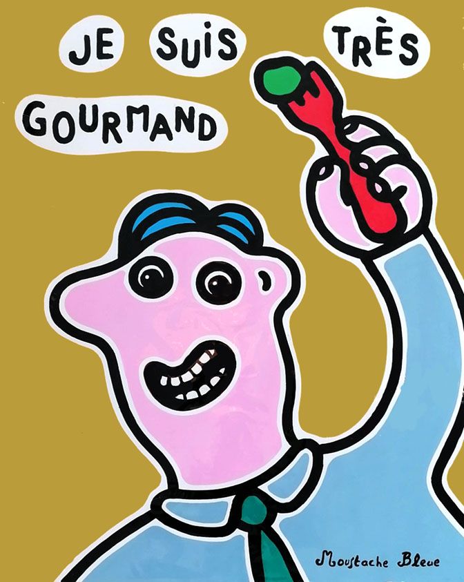 Dessin figuratif moyen format Je suis très gourmand – MOUSTACHE BLEUE – 50 × 65 cm
