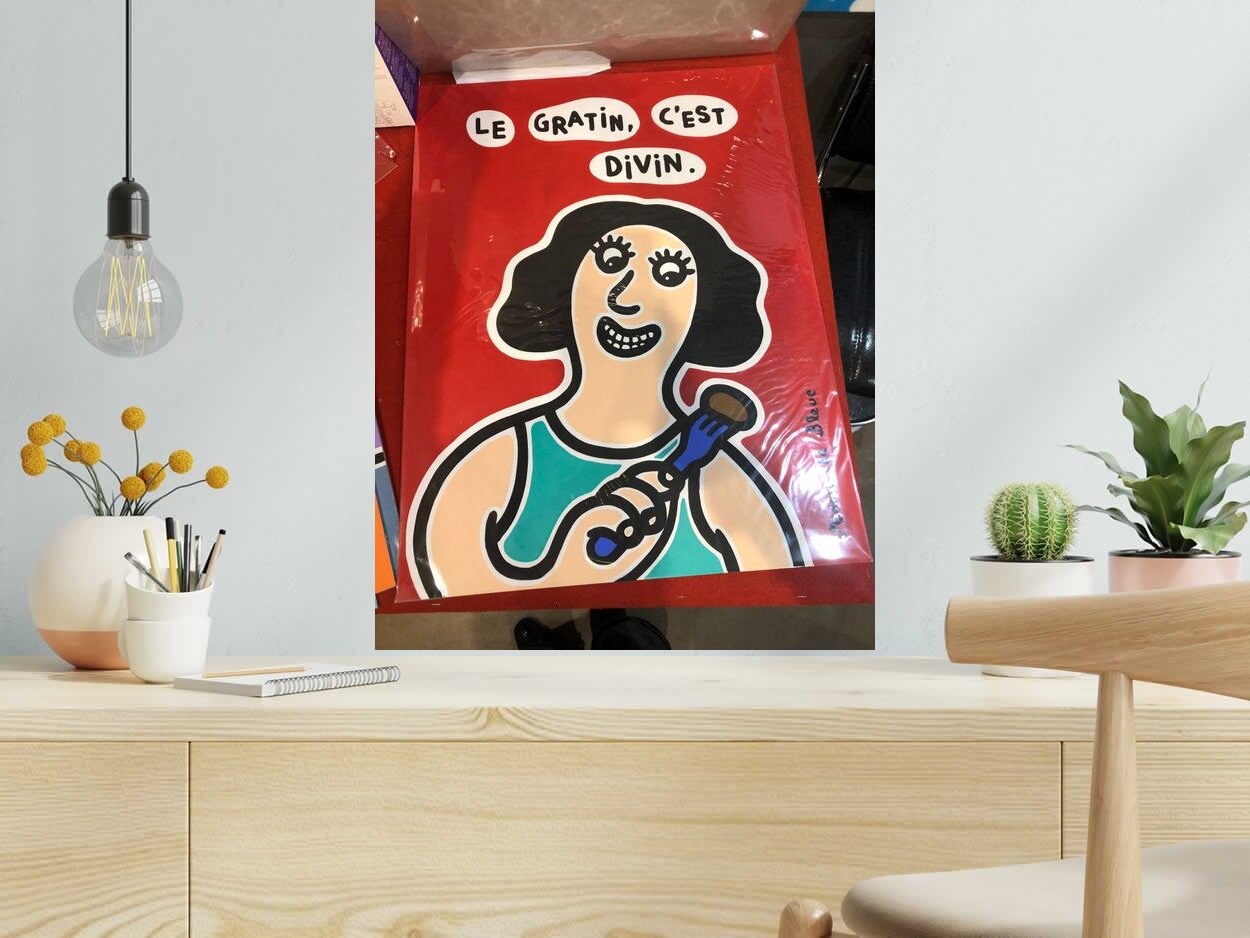 Dessin Le gratin, c’est divin de MOUSTACHE BLEUE dans un intérieur – 50 × 65 cm