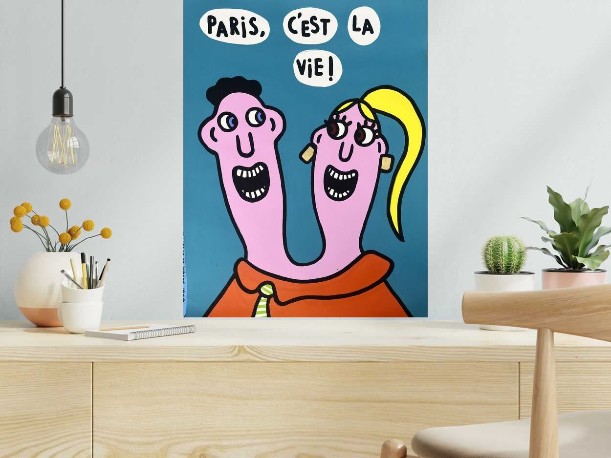 Dessin Paris c'est la vie de MOUSTACHE BLEUE dans un intérieur – 50 × 65 cm