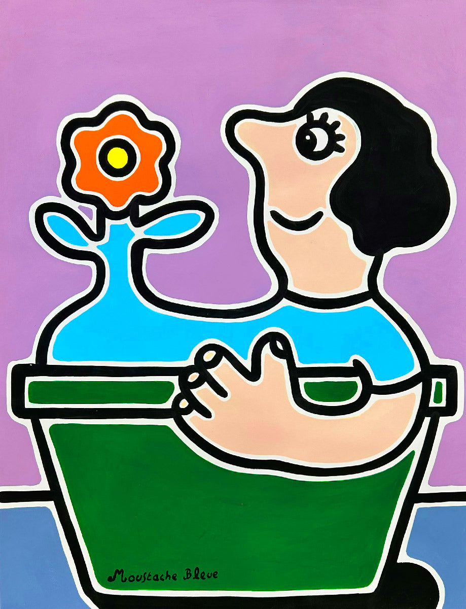 Dessin figuratif moyen format violet Femme poète – MOUSTACHE BLEUE – 50 × 65 cm