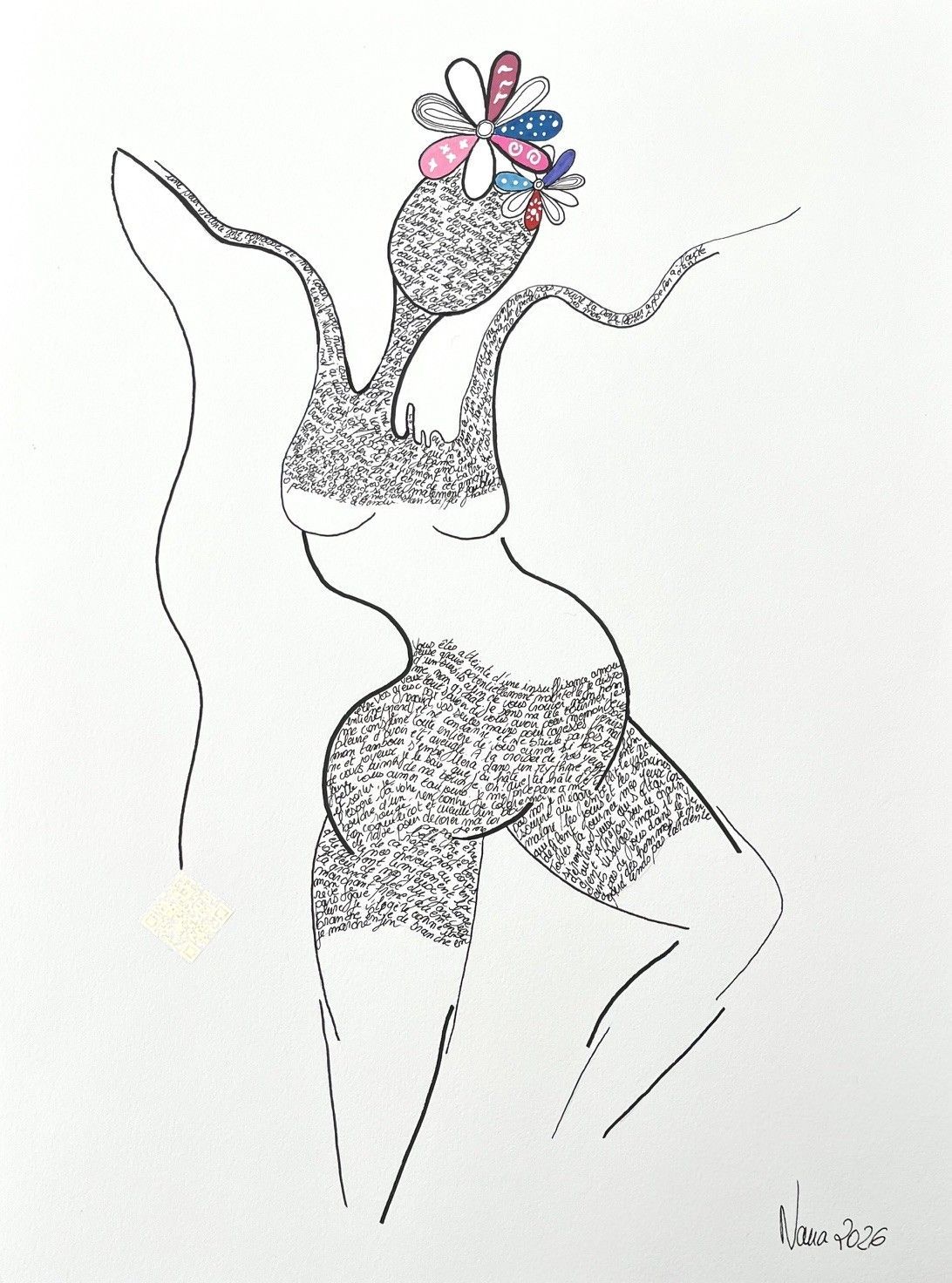 Dessin figuratif petit format blanc et noir les fifilles 5 – NANA – 30 × 40 cm