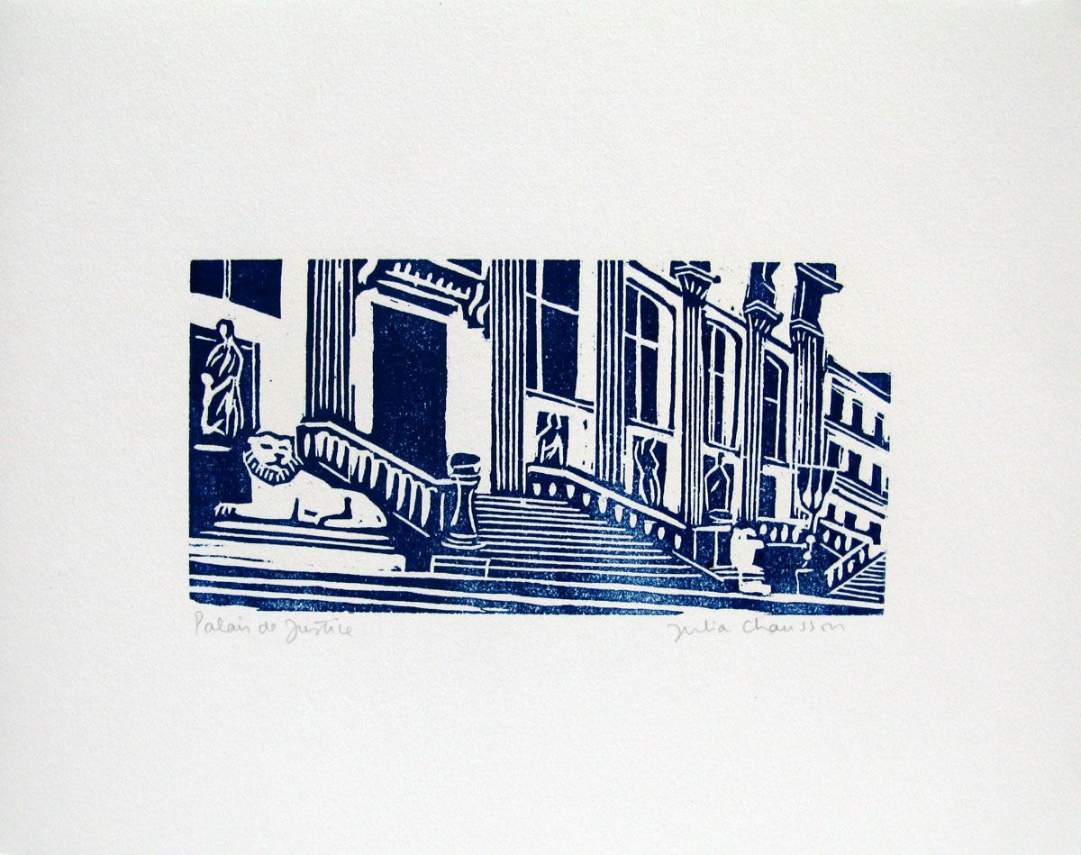 Dessin figuratif petit format bleu PALAIS DE JUSTICE – JULIA CHAUSSON – 25 × 33 cm