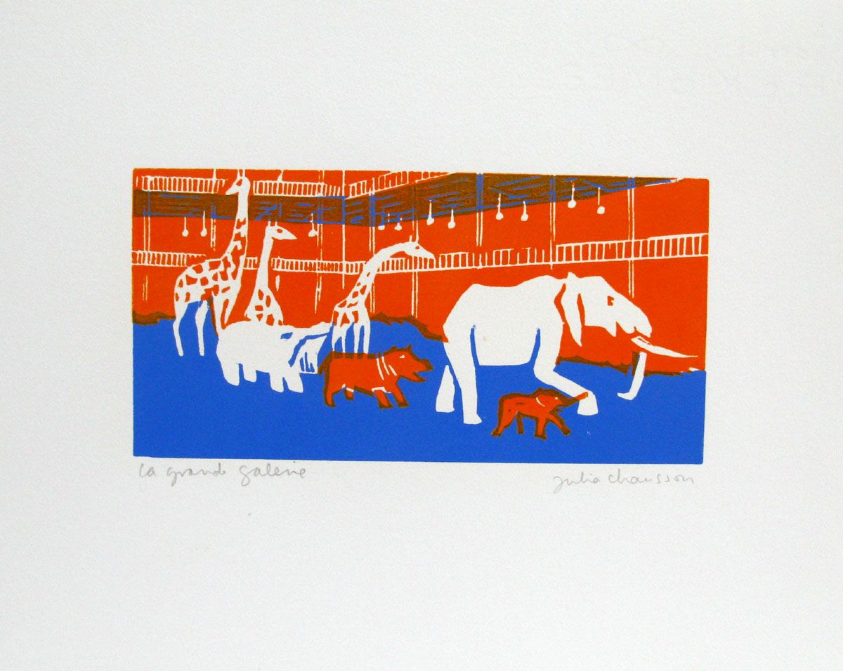 Dessin figuratif petit format bleu et orange LA GRANDE GALERIE ORANGE ET BLEU – JULIA CHAUSSON – 25 × 33 cm