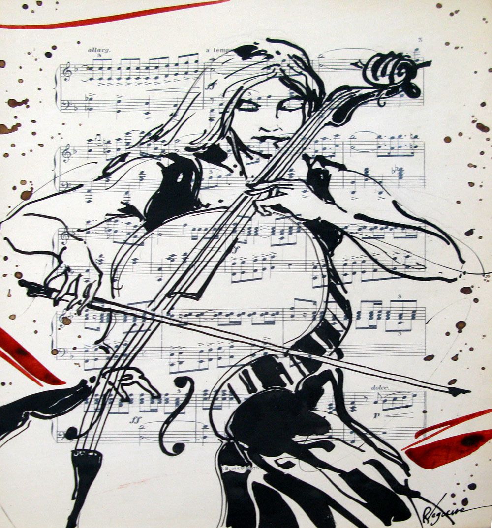 Dessin figuratif petit format VIOLONCELLISTE – CYRIL REGUERRE – 35 × 27 cm