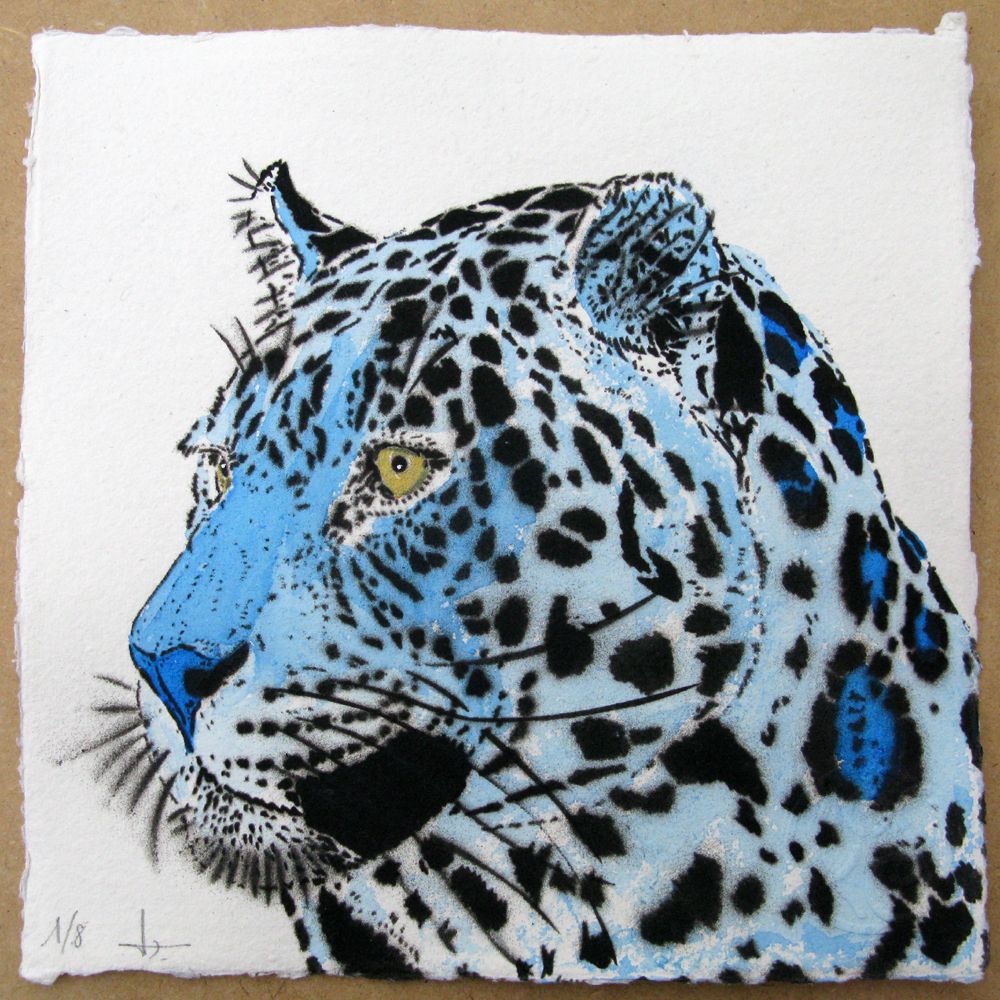 Dessin figuratif petit format LEOPARD BLEU – MOSKO – 20 × 20 cm
