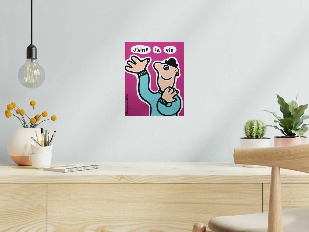 Dessin J'aime la vie rose de MOUSTACHE BLEUE dans un intérieur – 24 × 30 cm