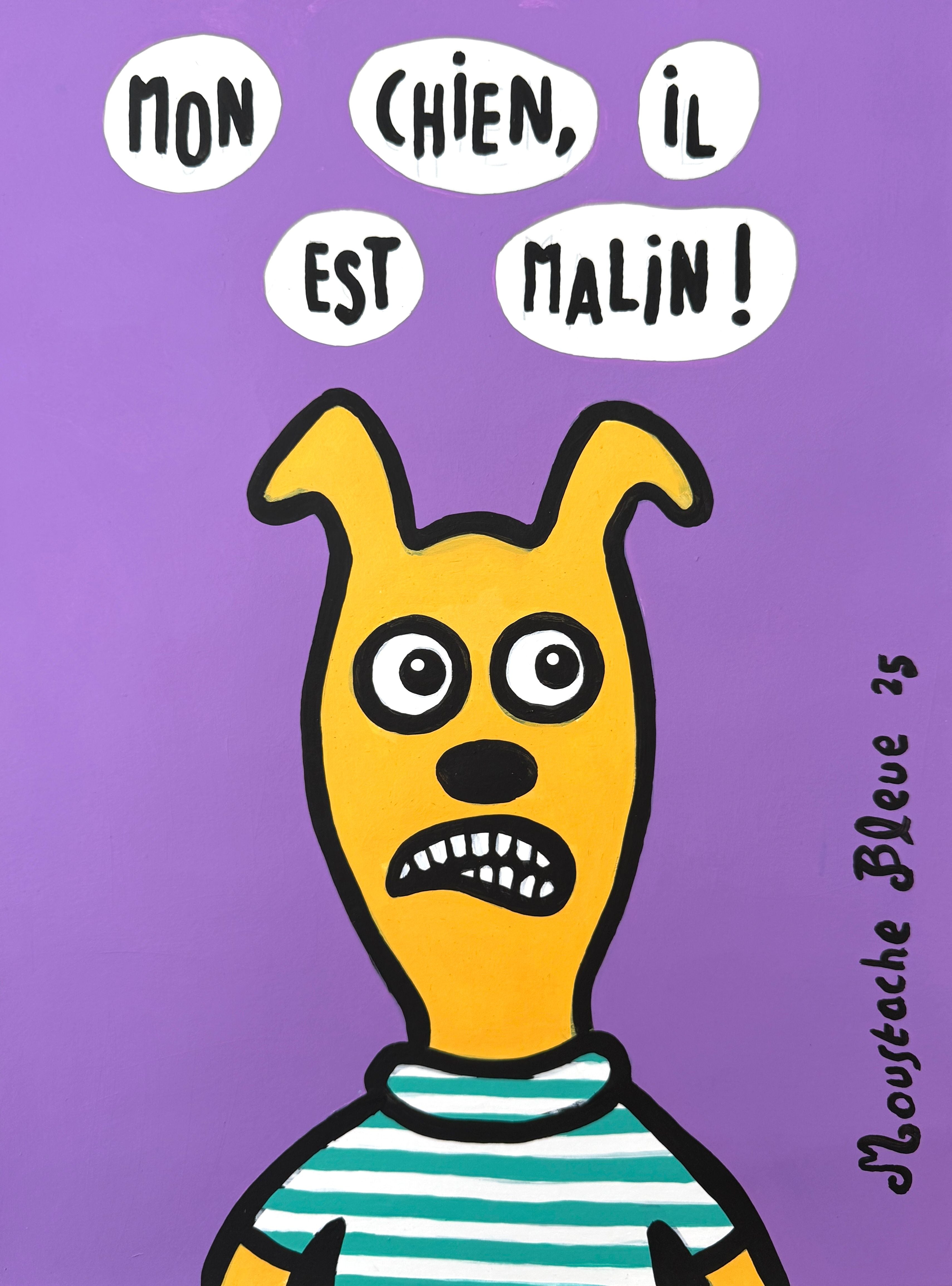 Dessin figuratif petit format Mon chien, il est malin ! – MOUSTACHE BLEUE – 30 × 40 cm