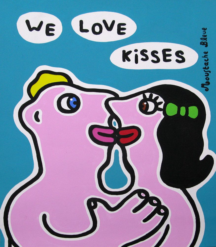 Dessin figuratif petit format We love kisses – MOUSTACHE BLEUE – 30 × 40 cm