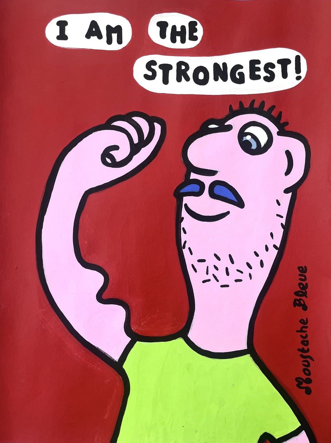 Dessin figuratif petit format rose I am the strongest! – MOUSTACHE BLEUE – 30 × 40 cm