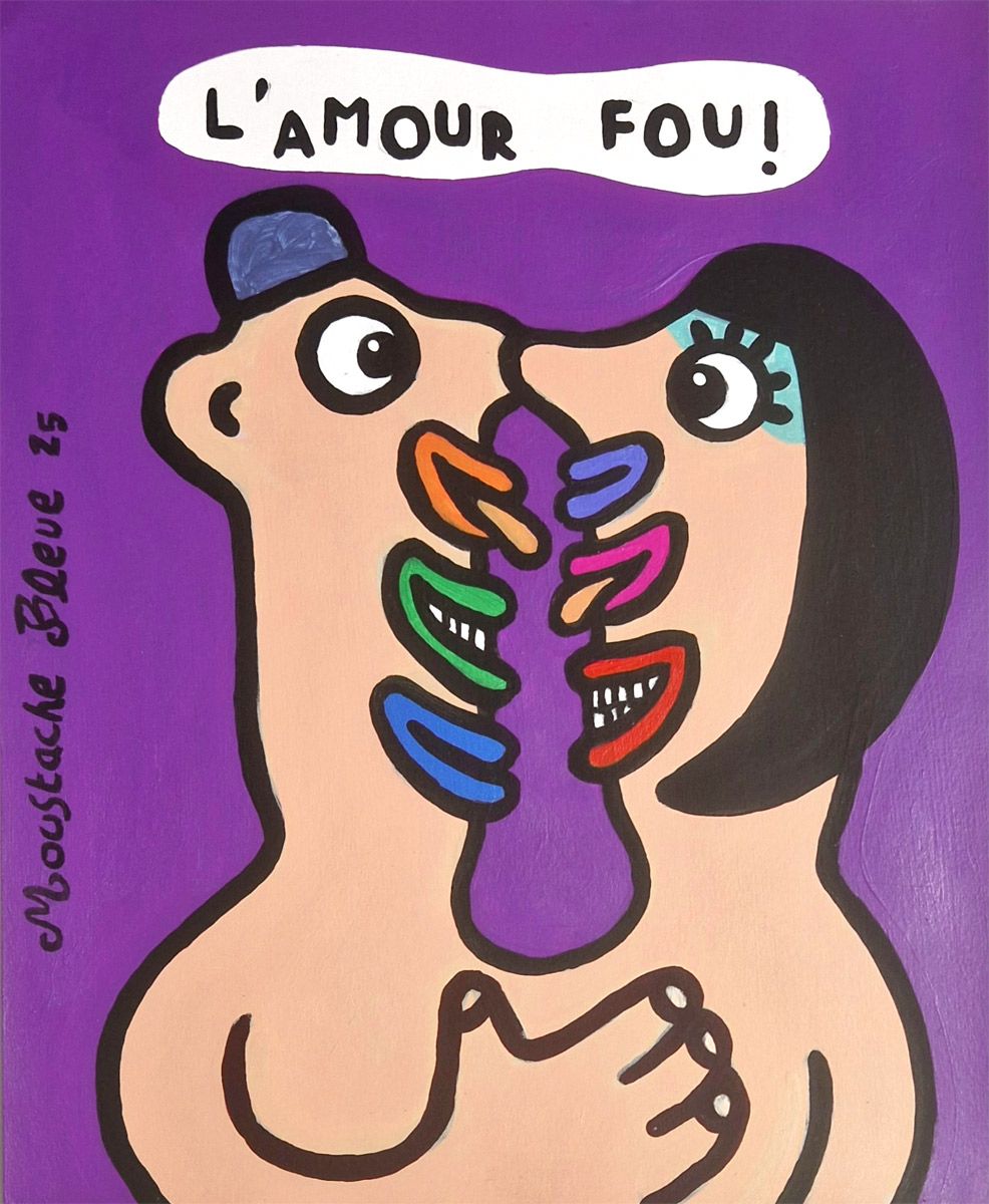 Dessin figuratif petit format violet L'amour fou – MOUSTACHE BLEUE – 24 × 30 cm