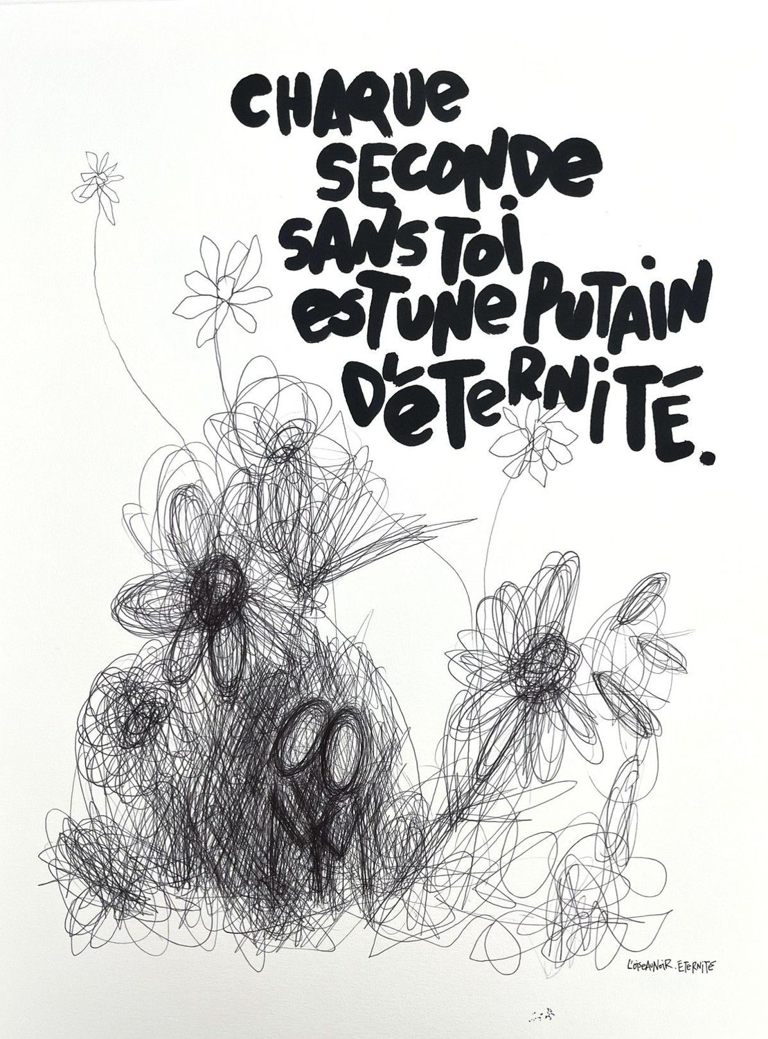 Dessin graphique moyen format blanc et noir Eternité – L'OISEAU NOIR – 46 × 61 cm