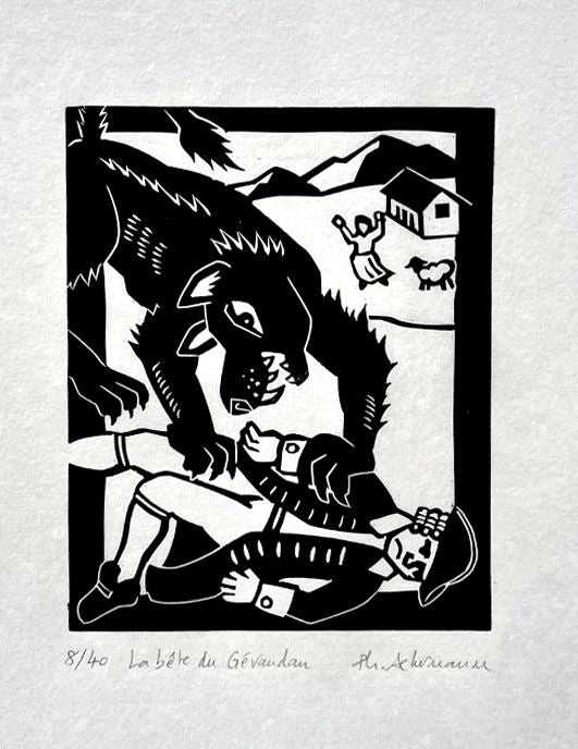 Dessin graphique petit format blanc et noir LA BETE DU GÉVAUDAN – PHILIPPE ACHERMANN – 24 × 18 cm