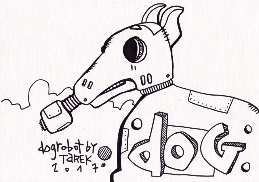 Dessin graphique petit format blanc et noir DOG ROBOT – TAREK – 7 × 21 cm