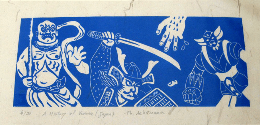 Dessin graphique petit format bleu A HISTORY OF VIOLENCE (JAPON) – PHILIPPE ACHERMANN – 19 × 38 cm