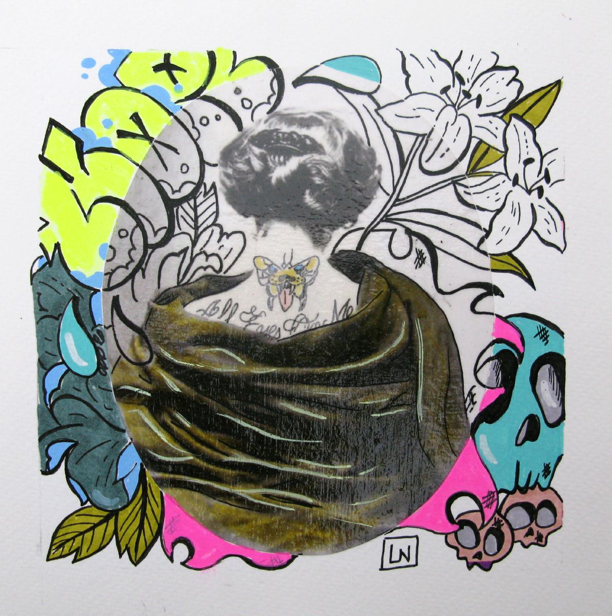 Dessin graphique petit format All eyes on my back – LN LE PAPE – 18 × 18 cm