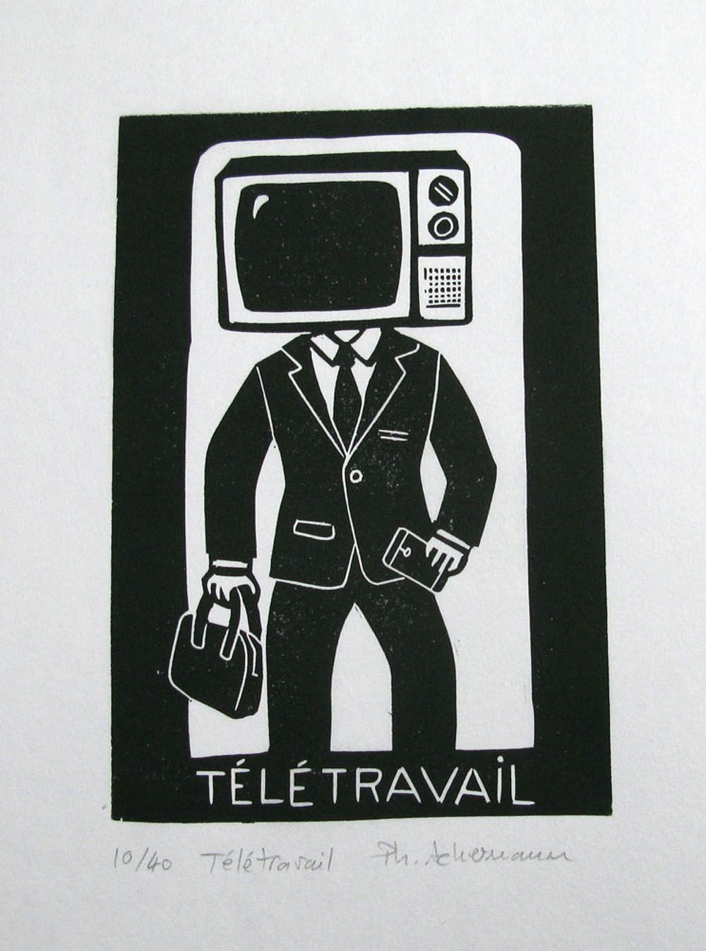 Dessin graphique petit format noir TELETRAVAIL NOIR – PHILIPPE ACHERMANN – 24 × 18 cm