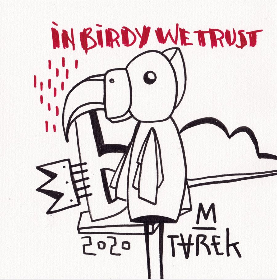 Dessin graphique petit format noir et rose IN BIRDY WE TRUST – TAREK – 21 × 21 cm