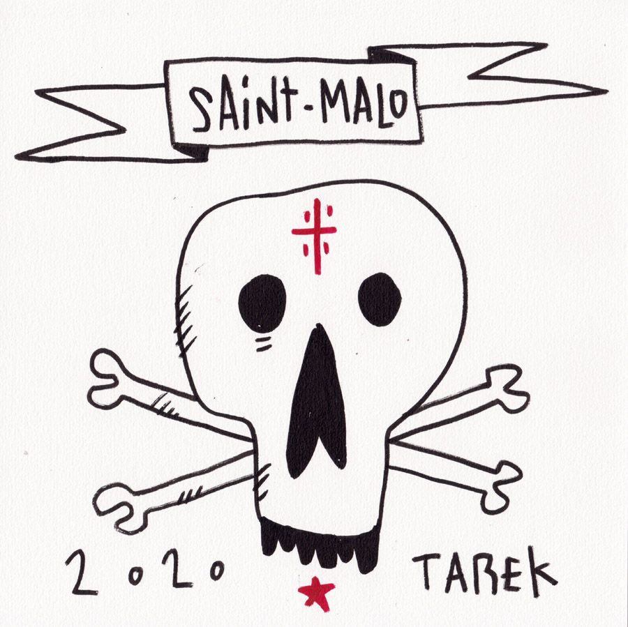 Dessin graphique petit format noir et rose SAINT MALO – TAREK – 21 × 21 cm