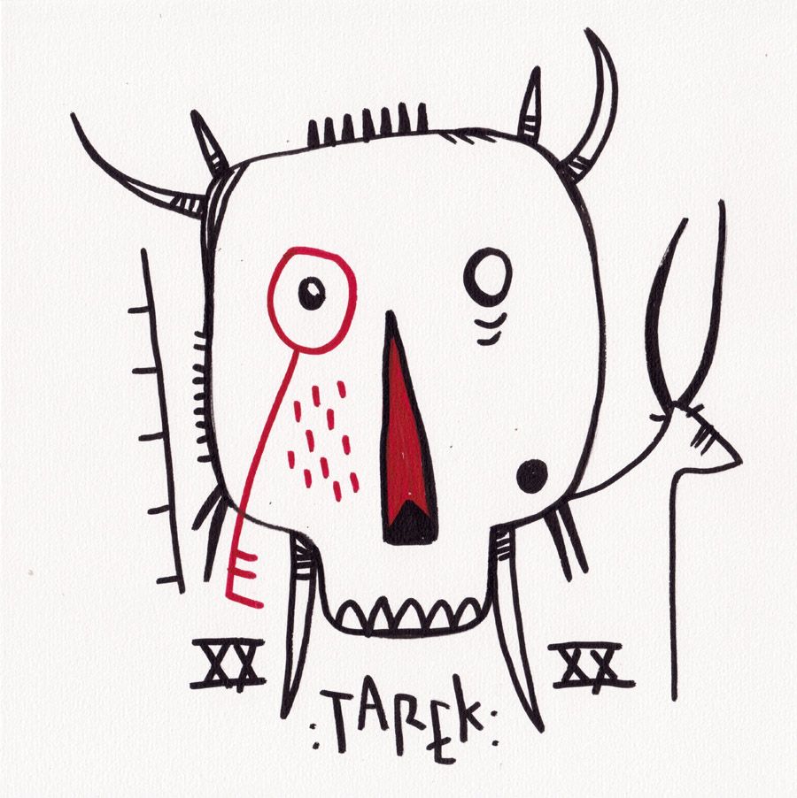 Dessin graphique petit format noir et rose SKULLS & CERFS – TAREK – 21 × 21 cm
