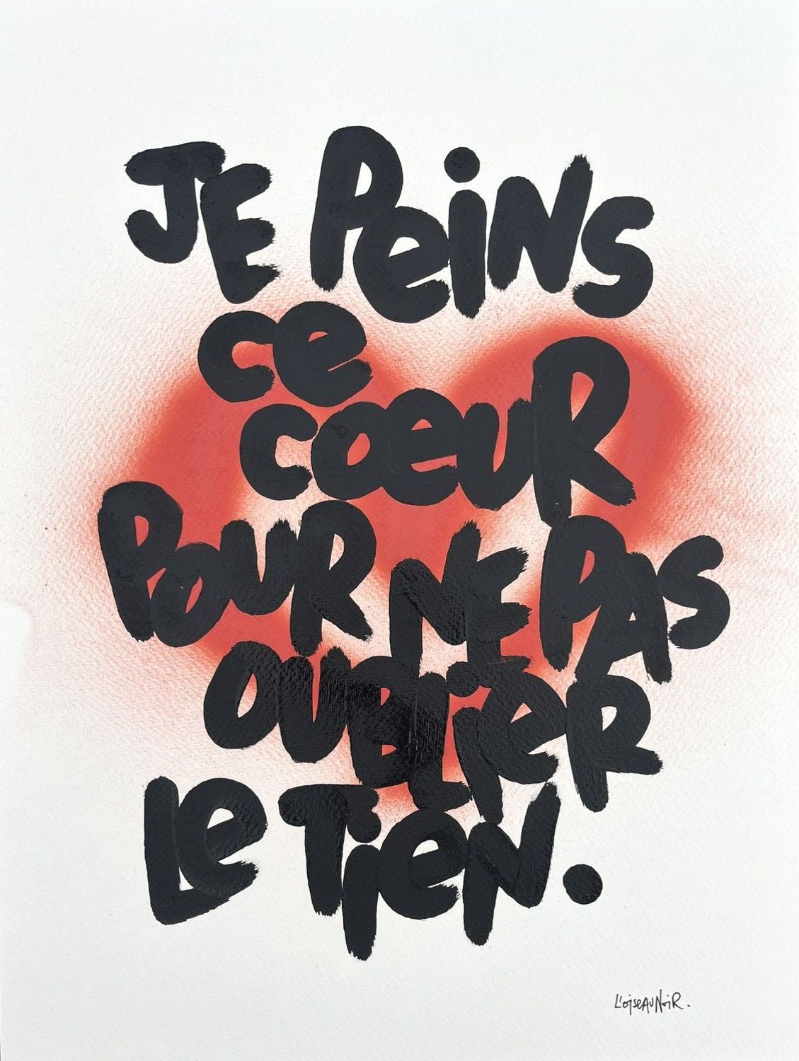 Dessin graphique petit format noir et rouge Je peins ce coeur – L'OISEAU NOIR – 30 × 40 cm