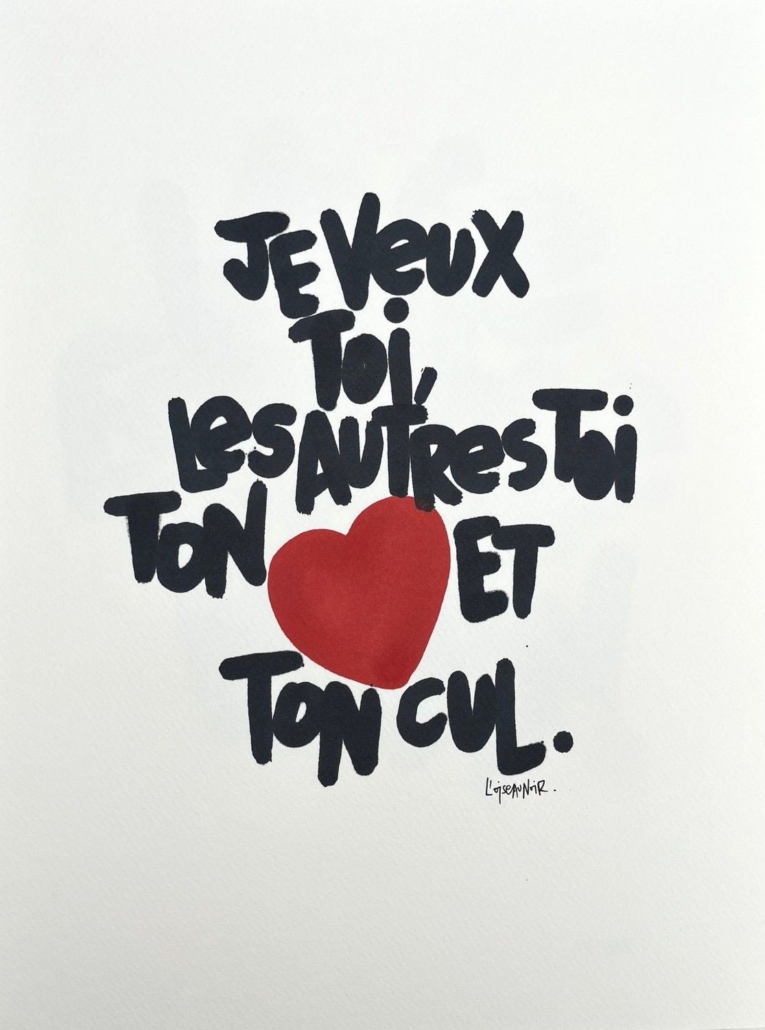 Dessin graphique petit format noir et rouge Je veux toi... – L'OISEAU NOIR – 30 × 40 cm