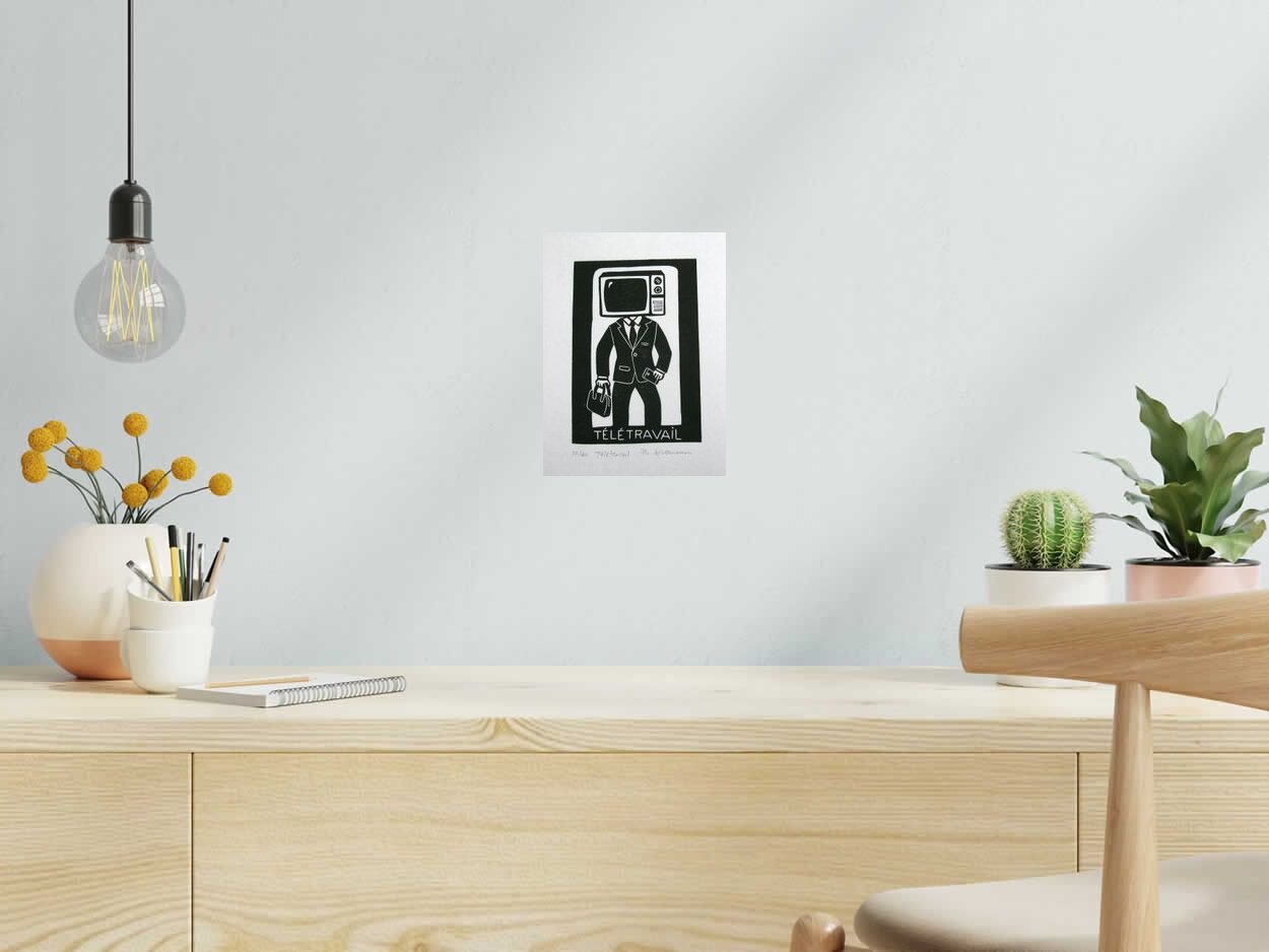 Dessin TELETRAVAIL NOIR de PHILIPPE ACHERMANN dans un intérieur – 24 × 18 cm