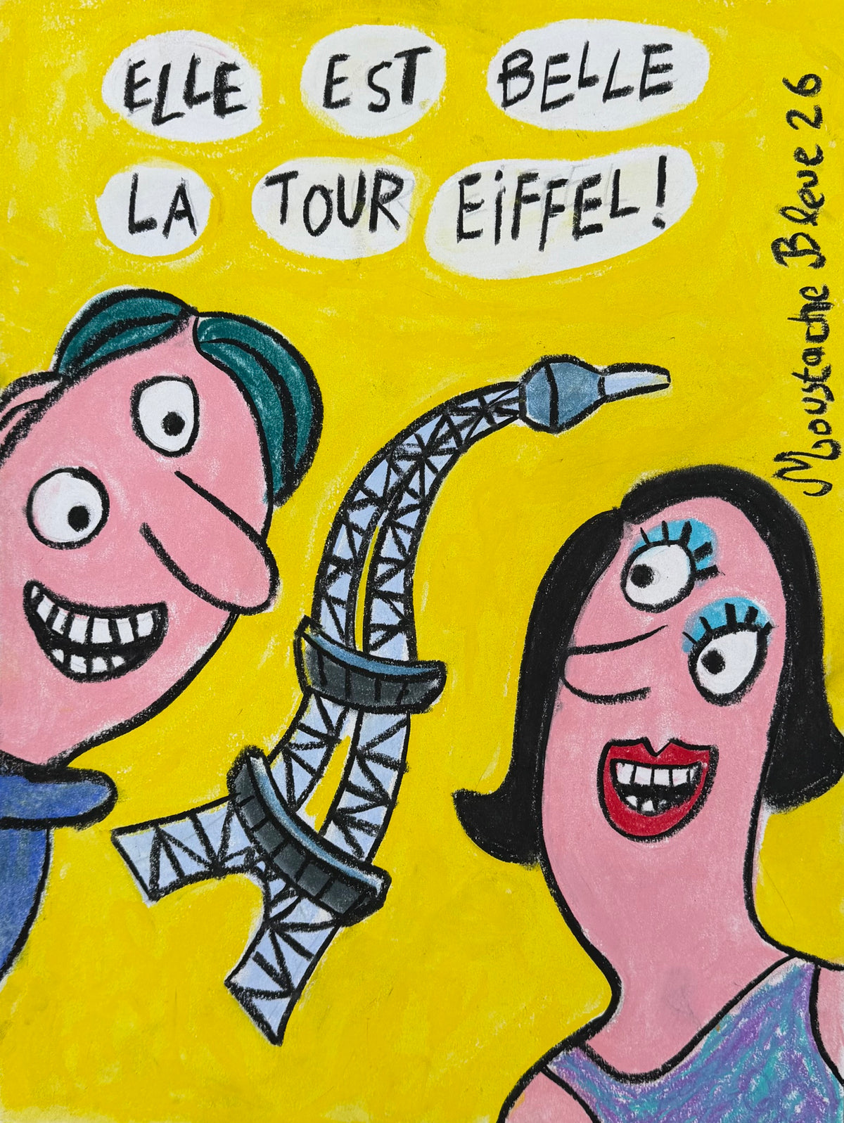 Dessin au pastel sur papier de Moustache Bleue, petit format jaune, Elle est belle la tour Eiffel !