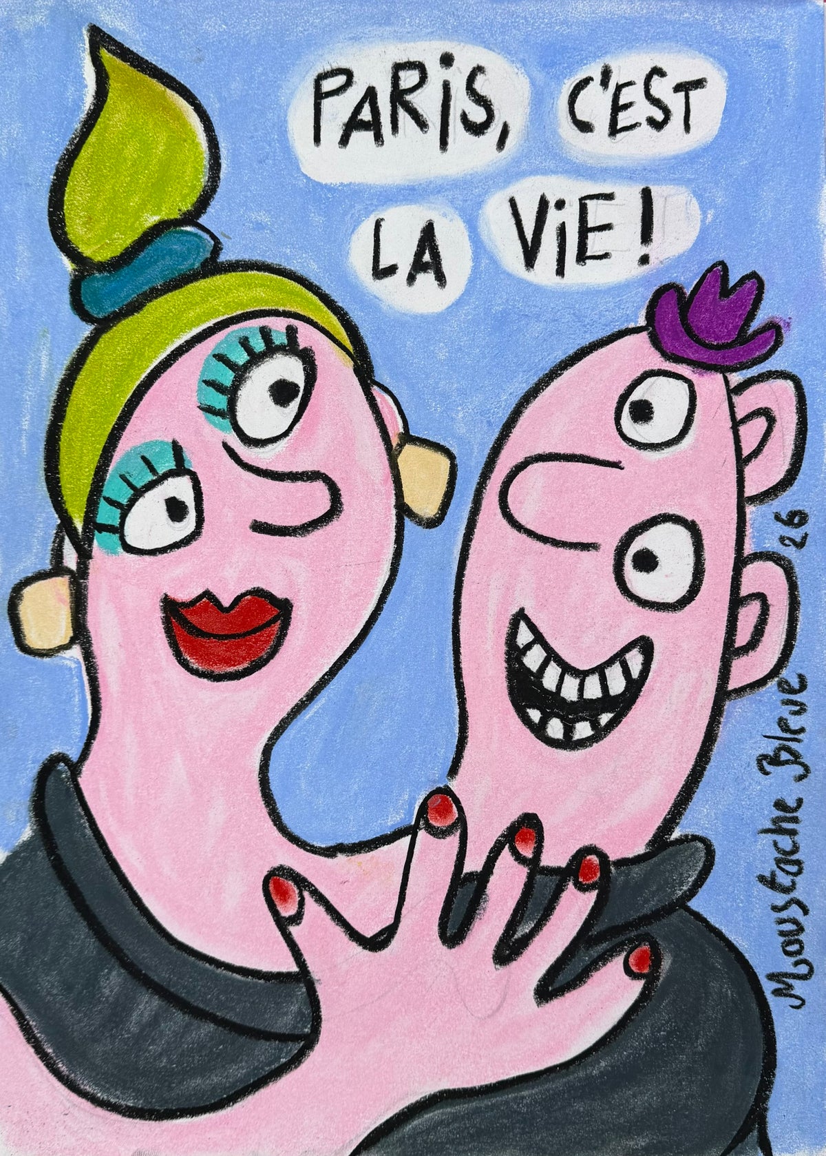 Dessin au pastel sur papier de Moustache Bleue, petit format bleu, Paris c'est la vie !