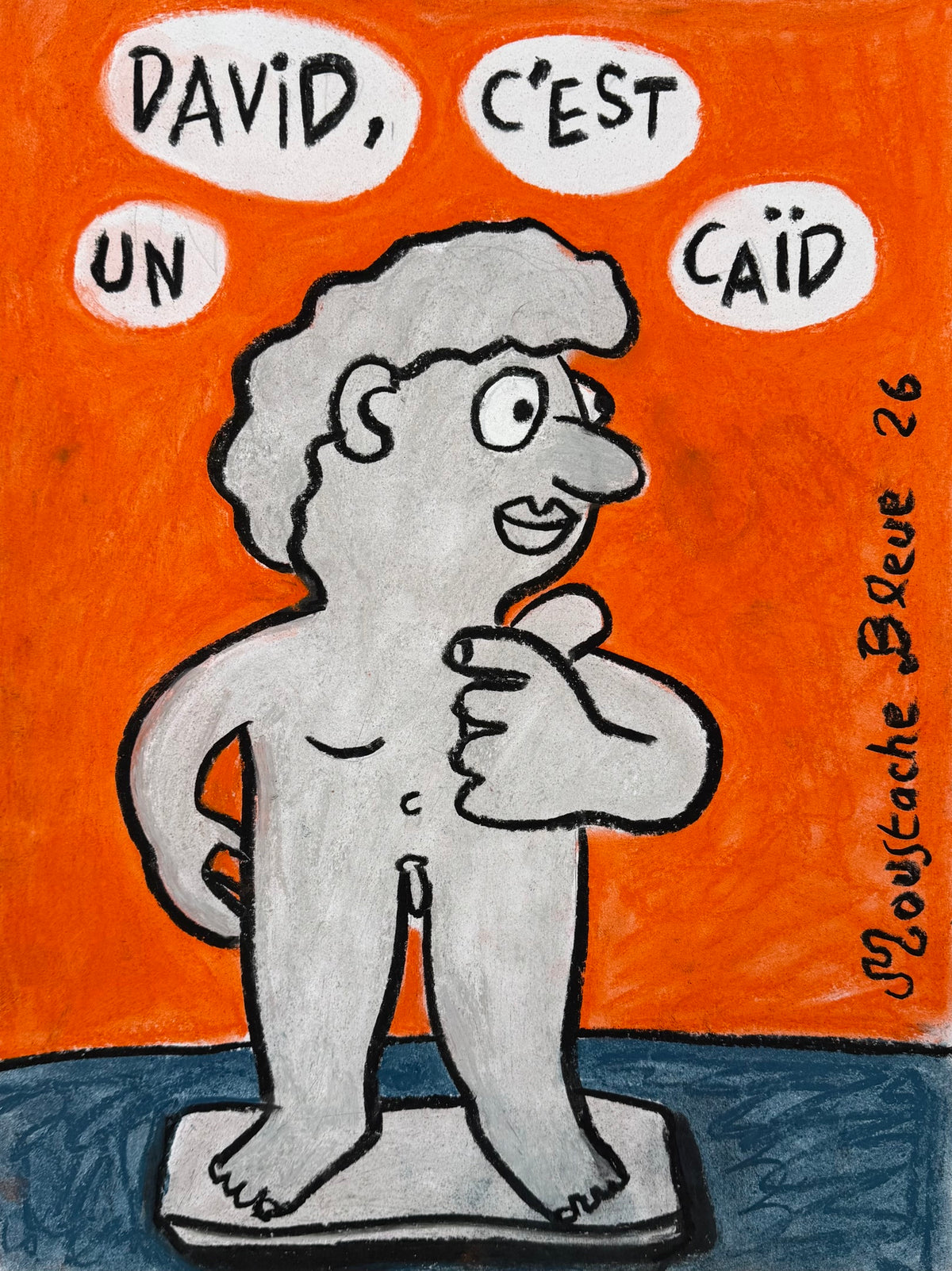 Dessin au pastel sur papier de Moustache Bleue, petit format 30 x 40 cm, style illustration