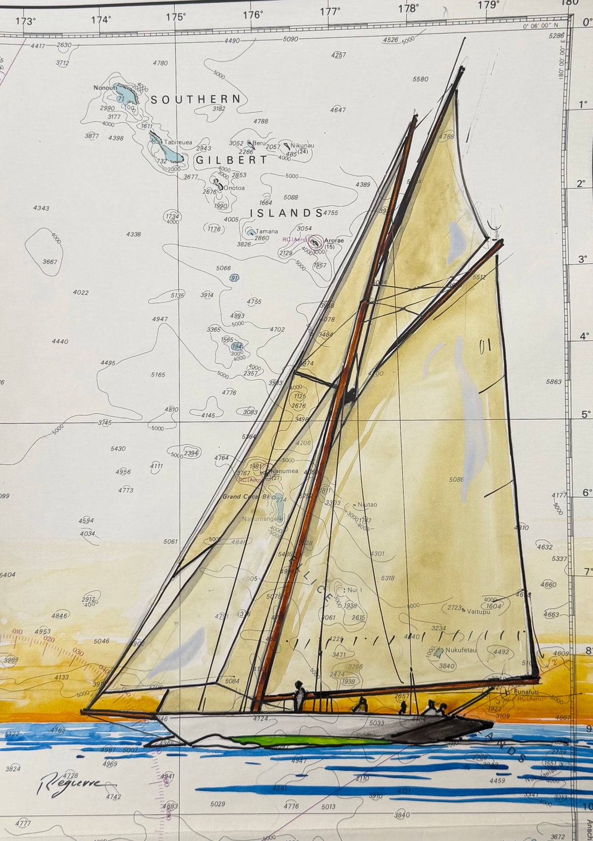 Dessin à l'encre de Chine et aquarelle sur papier représentant un paysage maritime, Belle Île, par Cyril Reguerre