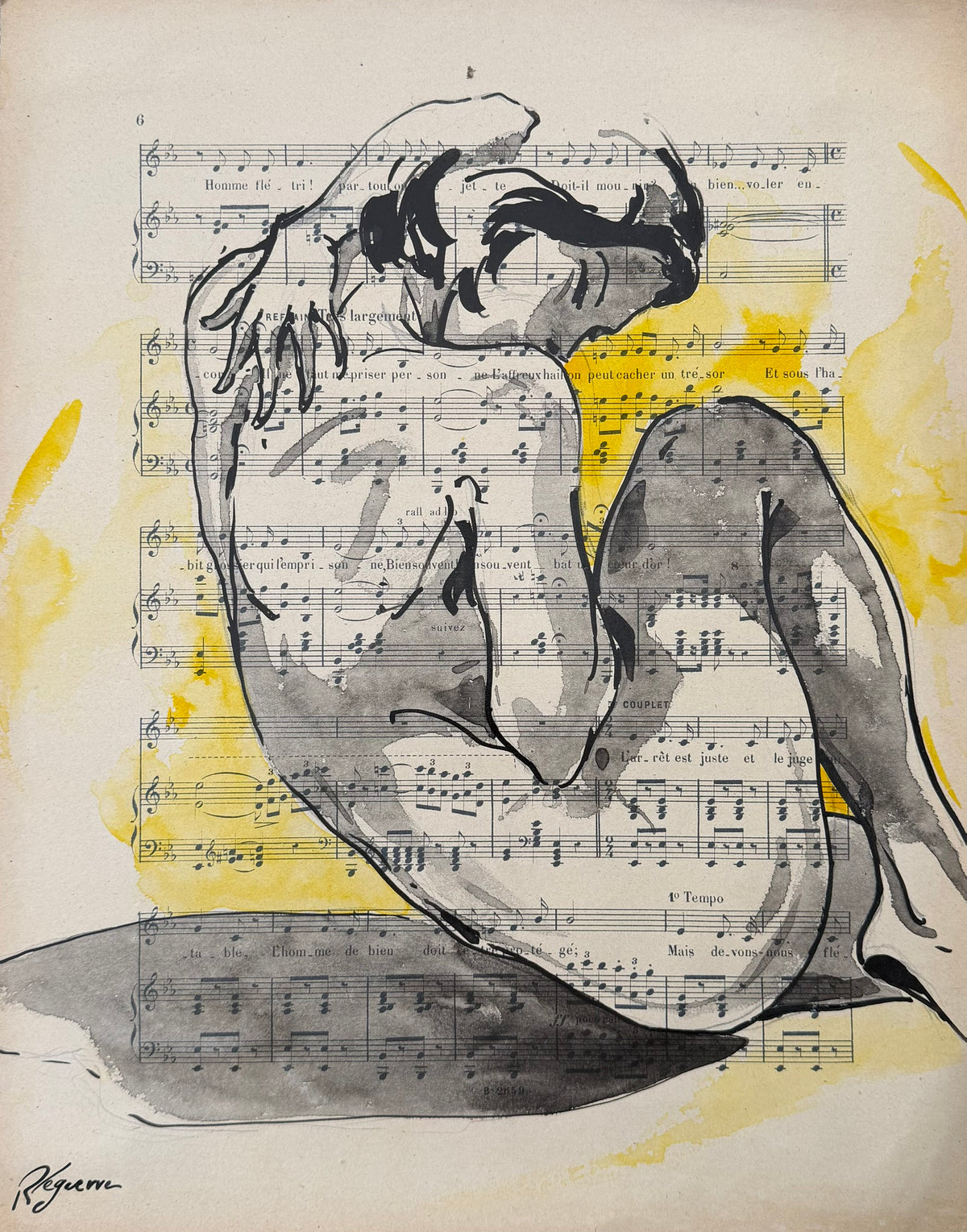 Dessin figuratif de nu à l'aquarelle et à l'encre de Chine sur papier, petit format, par Cyril Reguerre