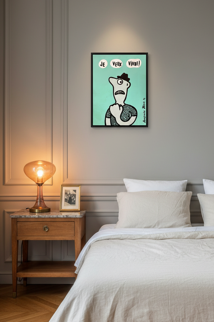 Dessin Je veux vivre de MOUSTACHE BLEUE dans un intérieur – 30 × 40 cm