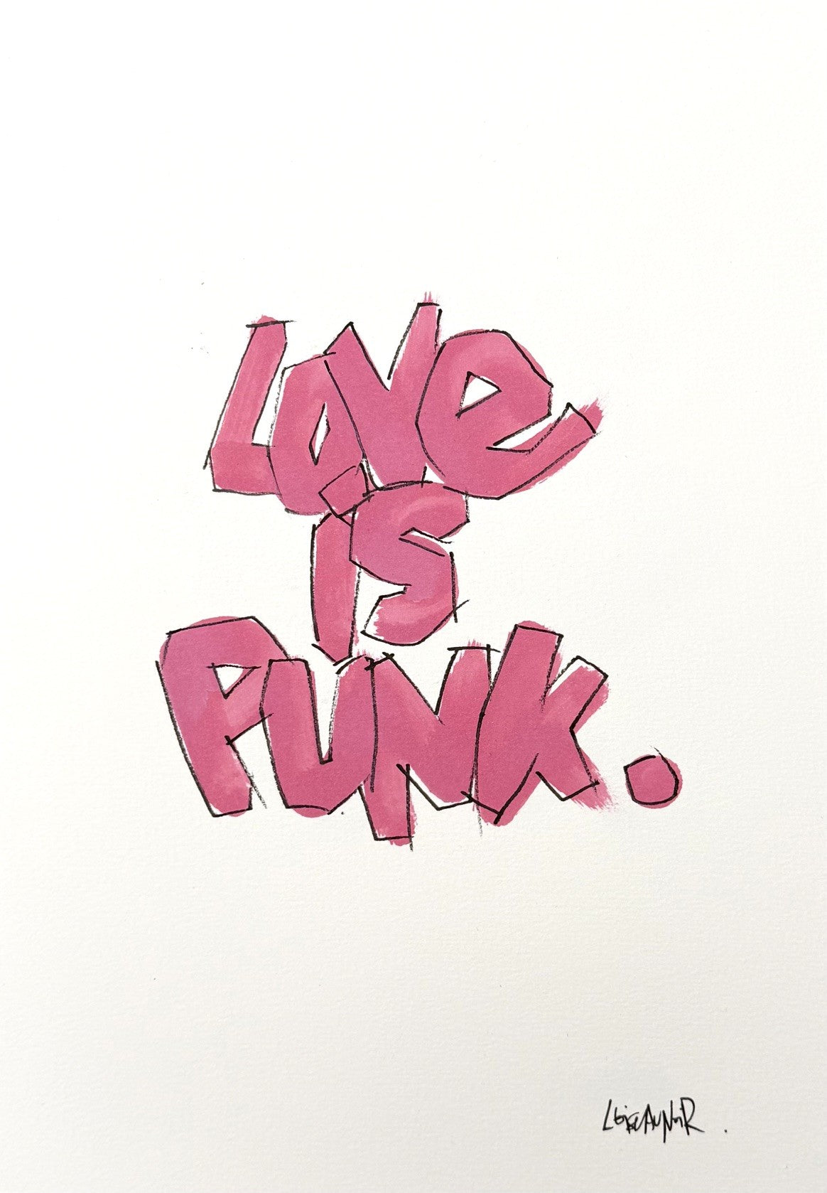 Dessin à l'encre acrylique rose sur papier Arches, Love is punk, par L'Oiseau Noir