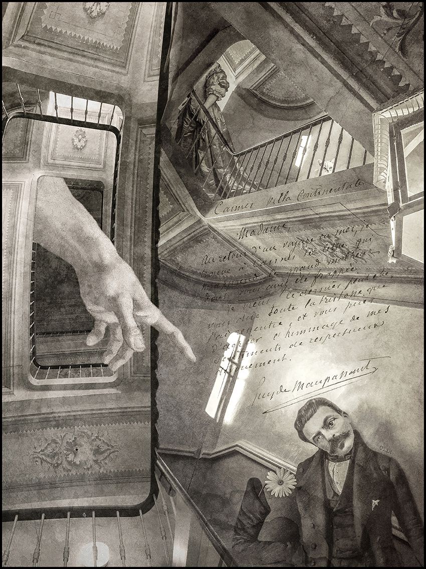 Digigraphie figuratif petit format blanc et noir MAUPASSANT PORTRAIT – OliR – 40 × 30 cm