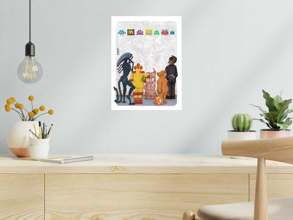 Digigraphie INVADERS de L'ARTISTE PITRE dans un intérieur – 30 × 40 cm