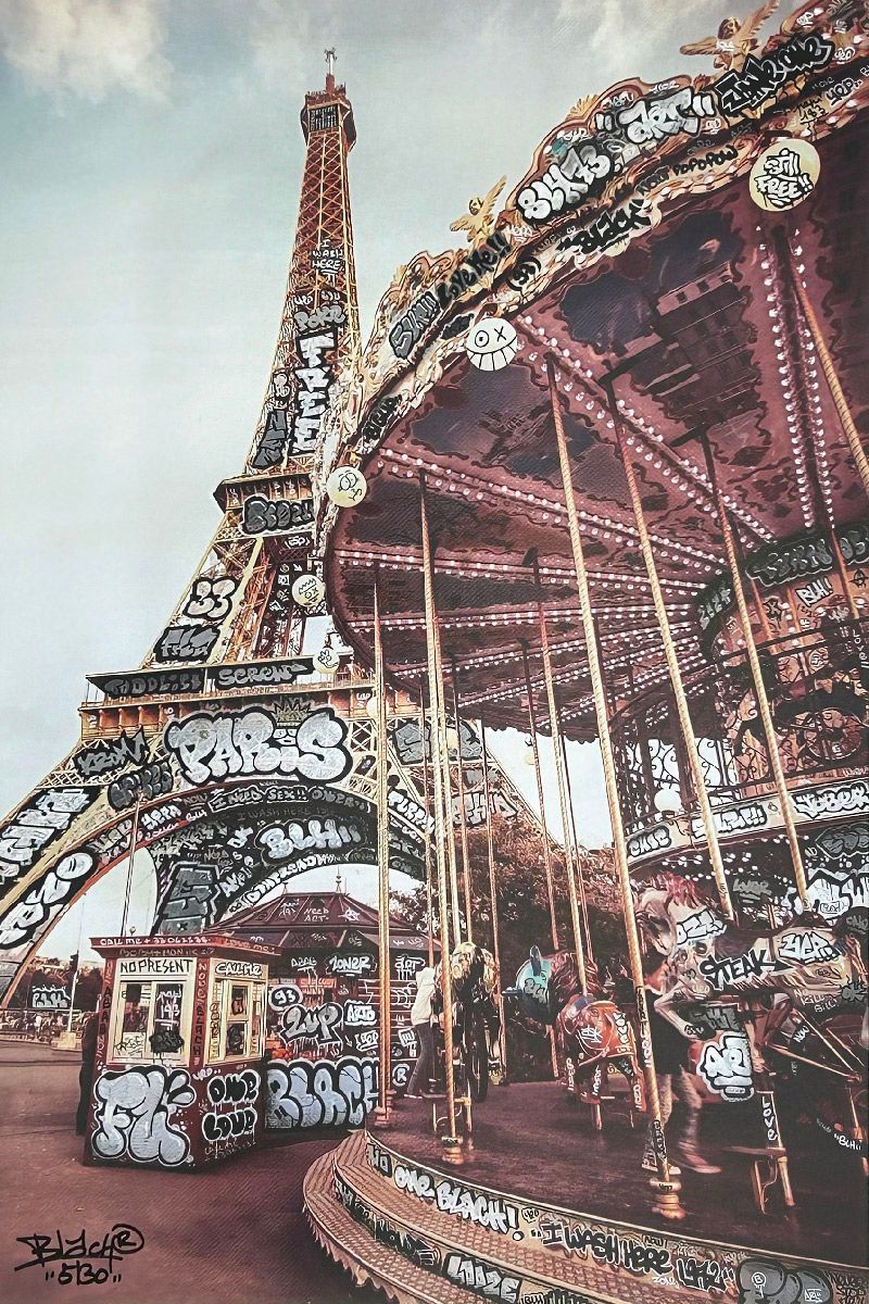 Digigraphie street art moyen format mauve Tour Eiffel et le Manège – BLACH – 50 × 75 cm