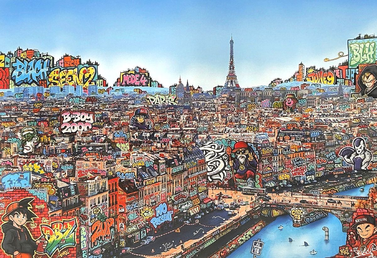 Digigraphie street art moyen format orange PARIS DBZ – BLACH – 90 × 60 cm