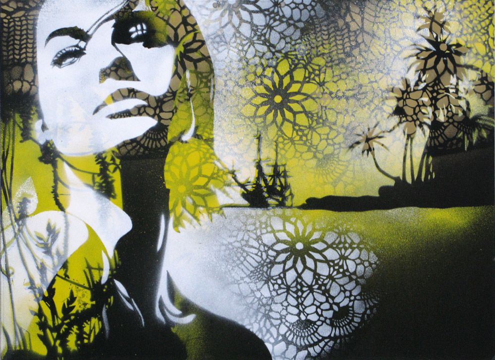 Tableau de KARO TRASS a pour titre Direction les îles style street pop art, street art dim : KARO TRASSprix:170