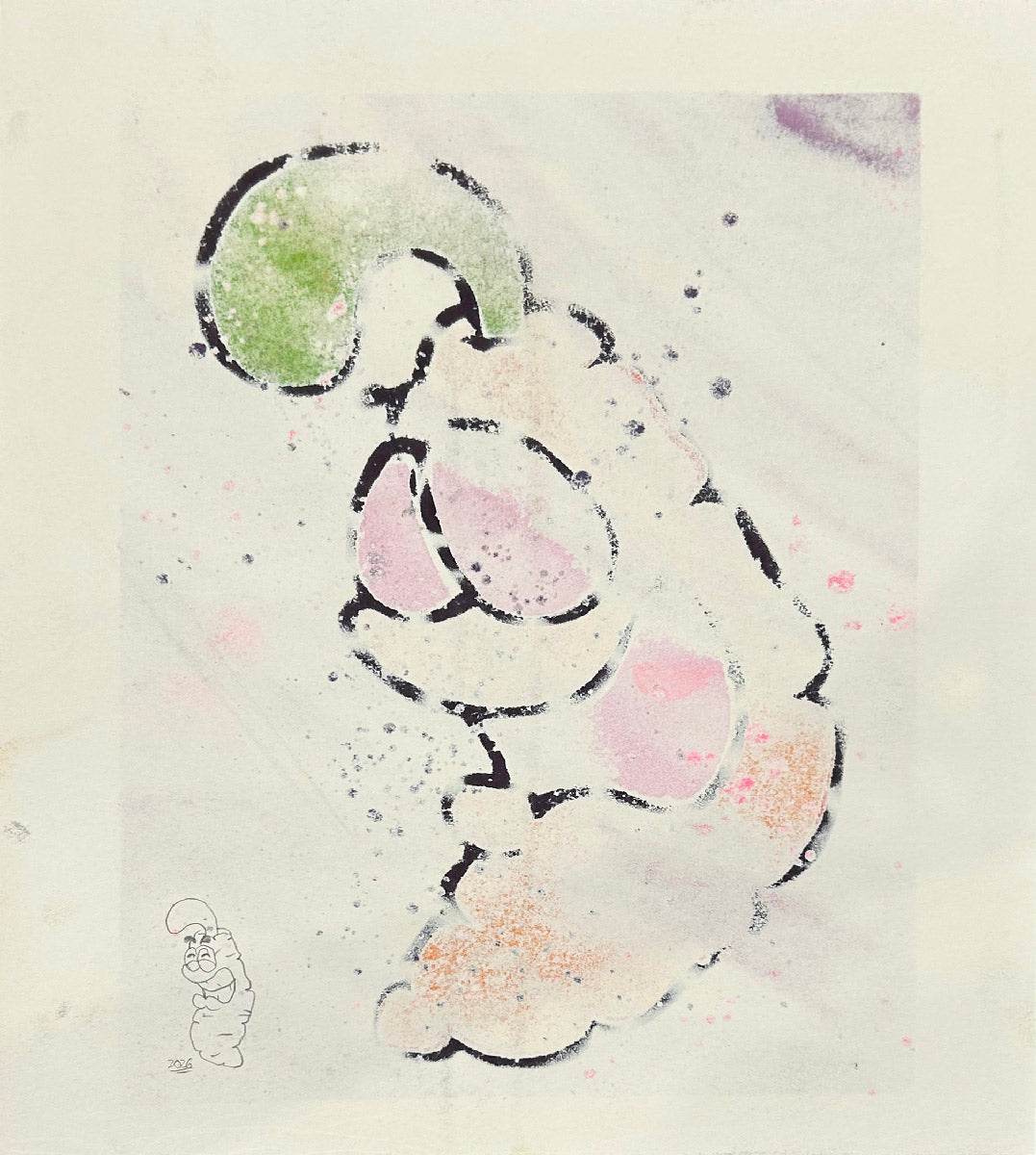 Edition d art street art à l'aérosol sur papier par CAROTTE, 40 x 50 cm, tons rose et orange