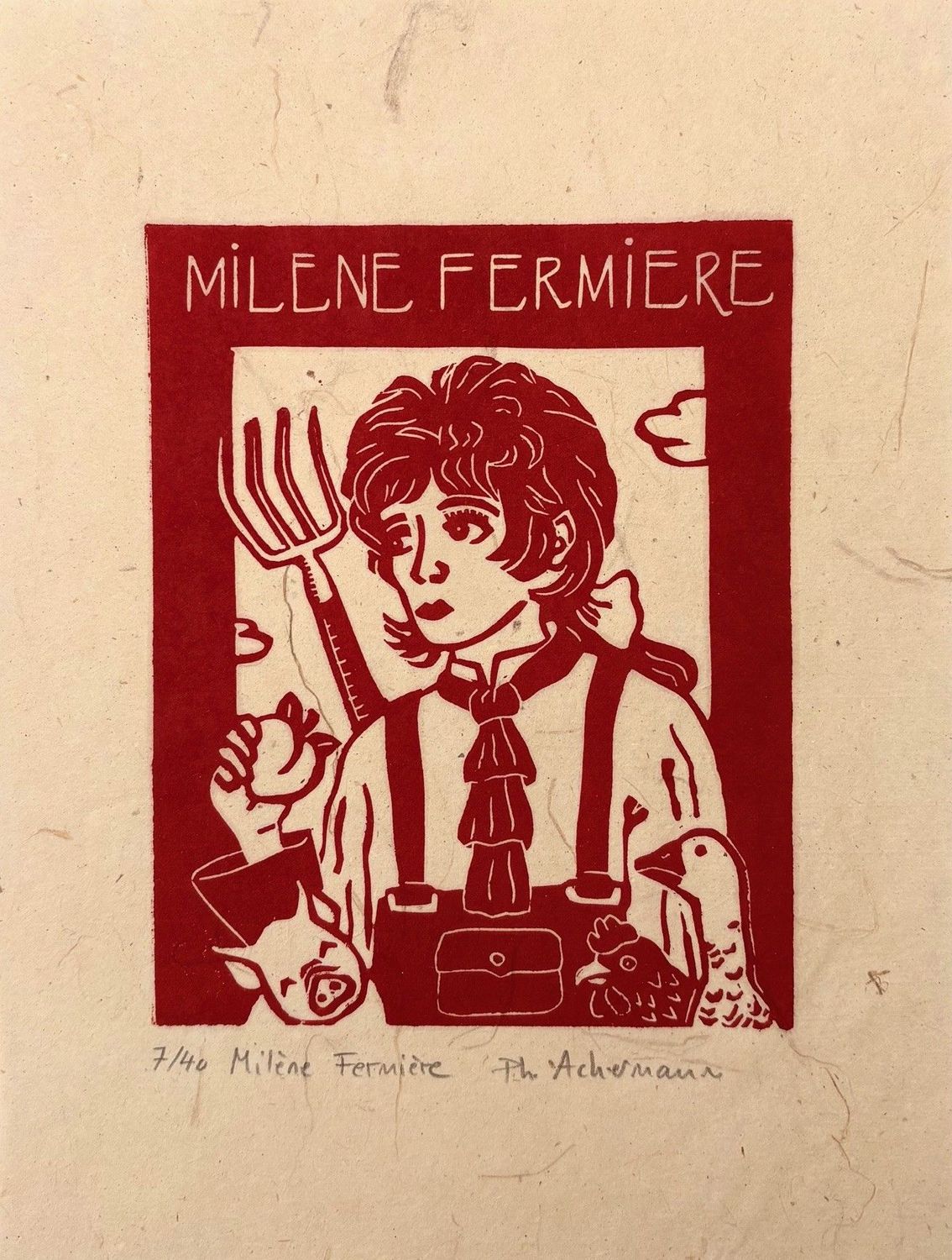 edition d art linogravure rouge et beige de Philippe Achermann, petit format 18 x 24 cm, titrée milene fermiere