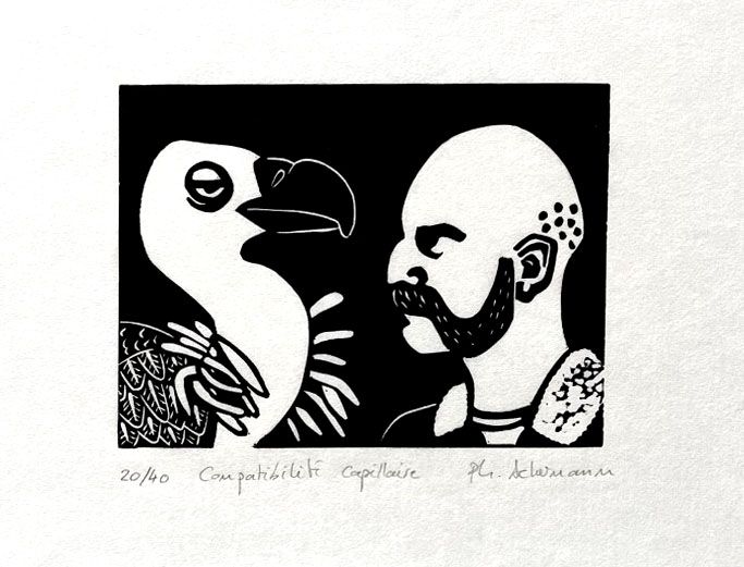 edition d art linogravure sur papier de Philippe Achermann, Compatibilité Capillaire, petit format 24 x 18 cm