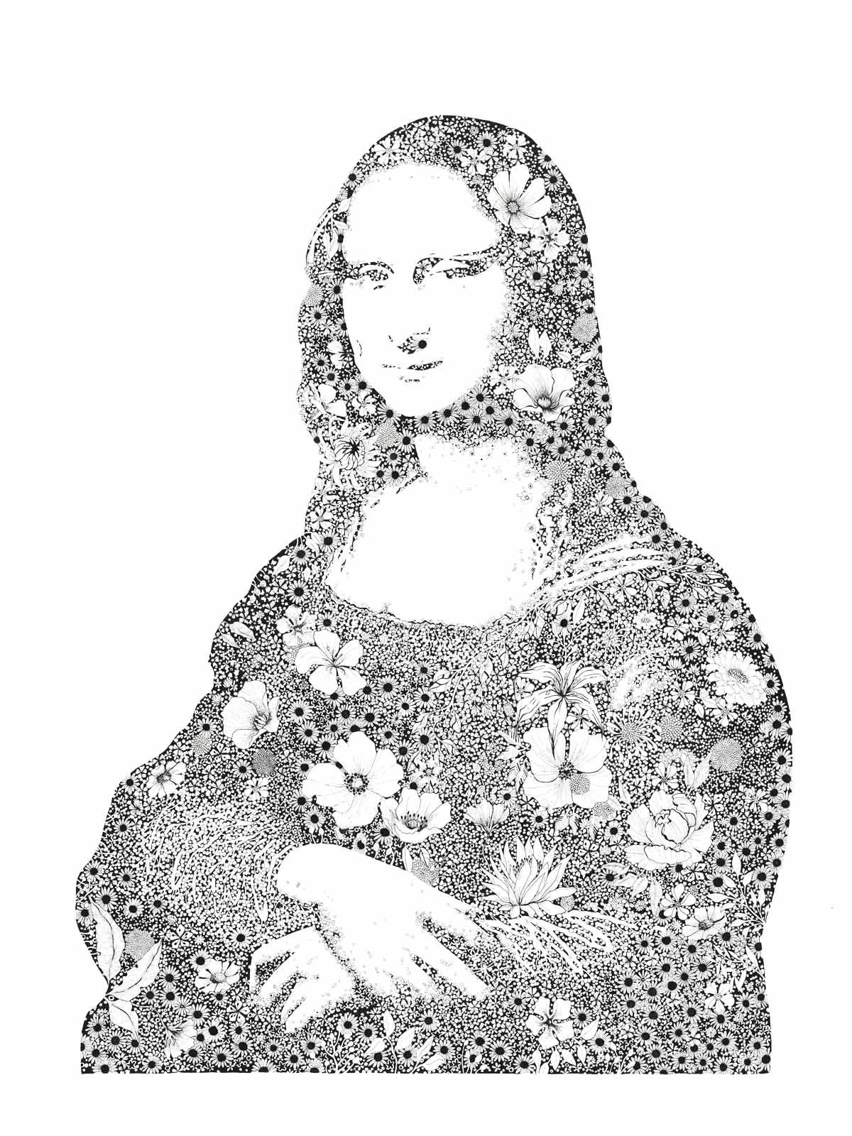 Estampe figuratif petit format blanc et noir FLOWER JOCONDE I – CAMILLE POLI – 30 × 40 cm