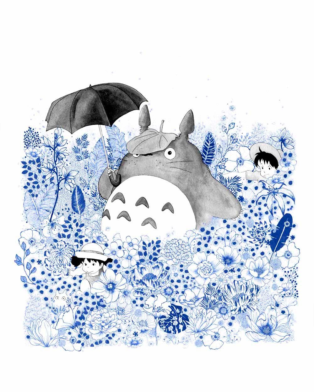 Estampe figuratif petit format blanc et noir FLOWER TOTORO bleu – CAMILLE POLI – 30 × 40 cm